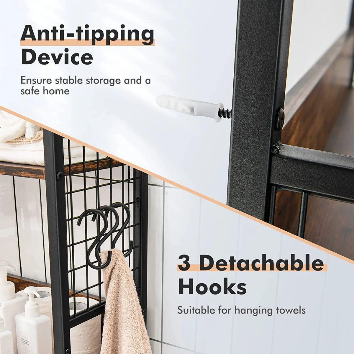 3-Tier Over-The-Toilet Storage Rack with Detachable Hooks