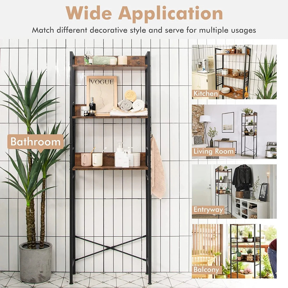 3-Tier Over-The-Toilet Storage Rack with Detachable Hooks