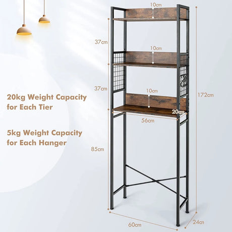 3-Tier Over-The-Toilet Storage Rack with Detachable Hooks