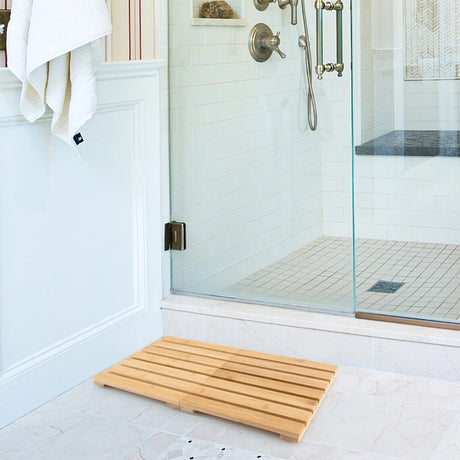 Folding Bamboo Bath Mat with Non-Slip Feet for Shower Sauna and Spa-Natural