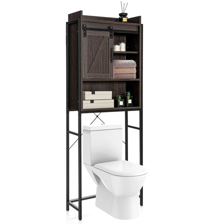 Freestanding Over-The-Toilet Storage Cabinet with Sliding Barn Door-Brown