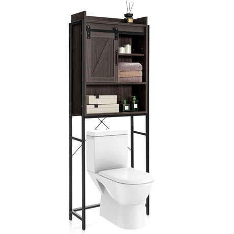 Freestanding Over-The-Toilet Storage Cabinet with Sliding Barn Door-Brown