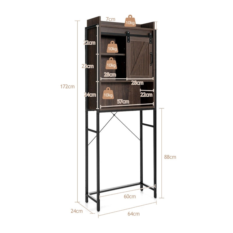 Freestanding Over-The-Toilet Storage Cabinet with Sliding Barn Door-Brown