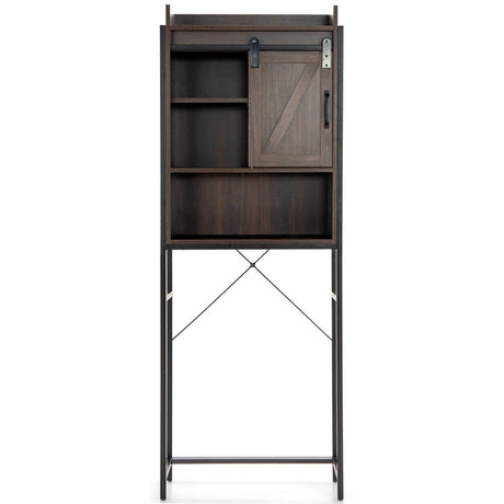 Freestanding Over-The-Toilet Storage Cabinet with Sliding Barn Door-Brown