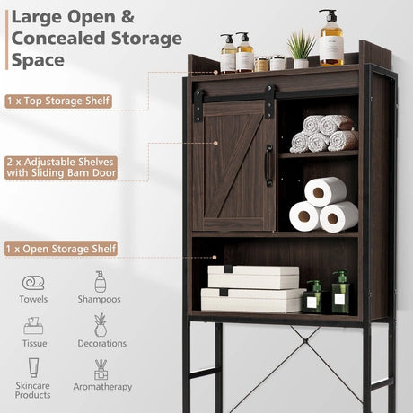 Freestanding Over-The-Toilet Storage Cabinet with Sliding Barn Door-Brown