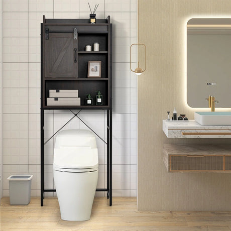 Freestanding Over-The-Toilet Storage Cabinet with Sliding Barn Door-Brown