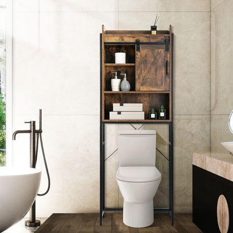 Freestanding Over-The-Toilet Storage Cabinet with Sliding Barn Door-Coffee