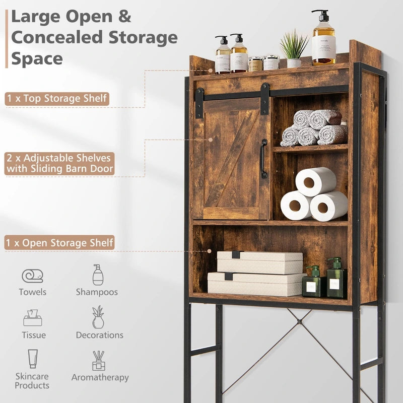 Freestanding Over-The-Toilet Storage Cabinet with Sliding Barn Door-Coffee