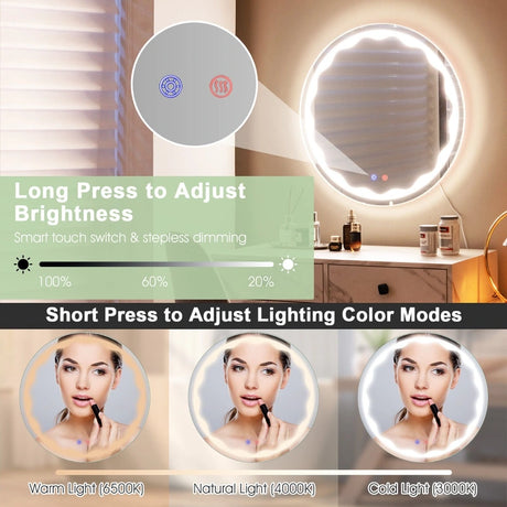Round Wall-Mounted LED Lighted Bathroom Mirror with Touch Switch