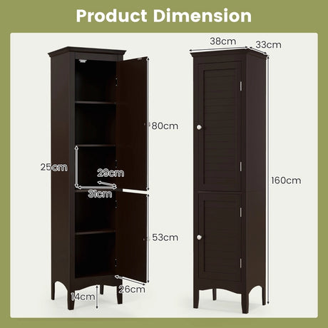Tall Bathroom Floor Cabinet with Shutter Doors and Adjustable Shelf-Brown