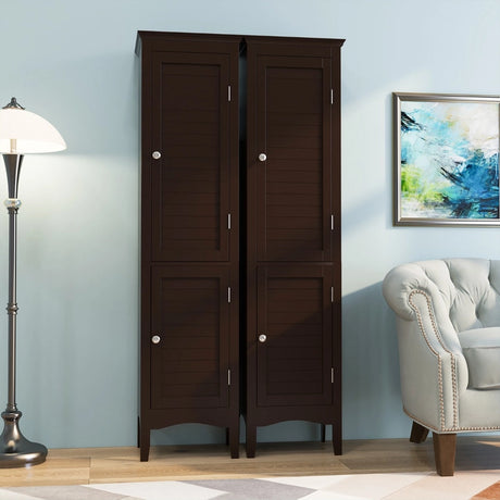 Tall Bathroom Floor Cabinet with Shutter Doors and Adjustable Shelf-Brown