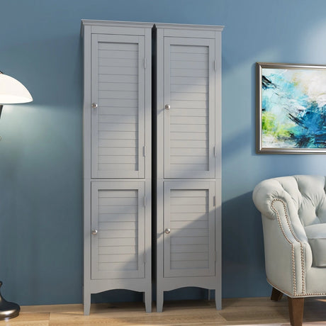 Tall Bathroom Floor Cabinet with Shutter Doors and Adjustable Shelf-Gray