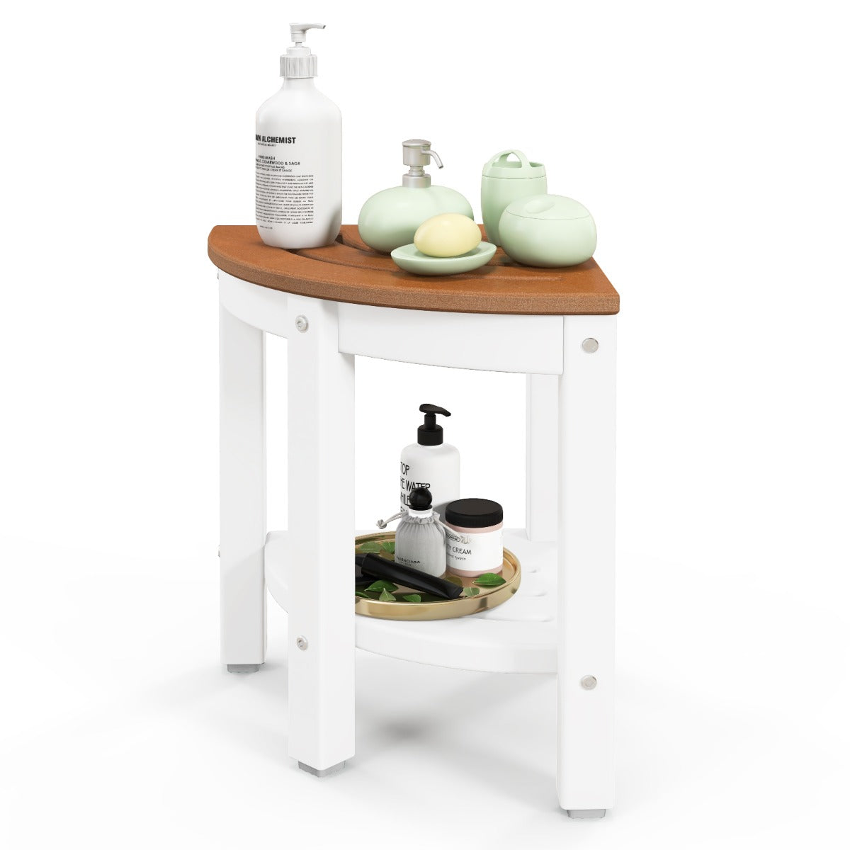 Corner Shower Bench Stool with Storage Shelf for Indoor/Outdoor Use