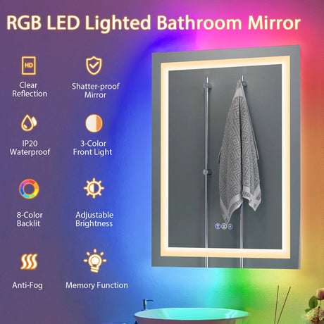 RGB Backlit Dimmable Vanity Makeup Mirror with 3-Color Front Lights