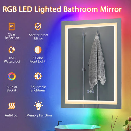 RGB Backlit Dimmable Vanity Makeup Mirror with 3-Color Front Lights