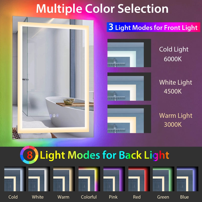 RGB Backlit Dimmable Vanity Makeup Mirror with 3-Color Front Lights