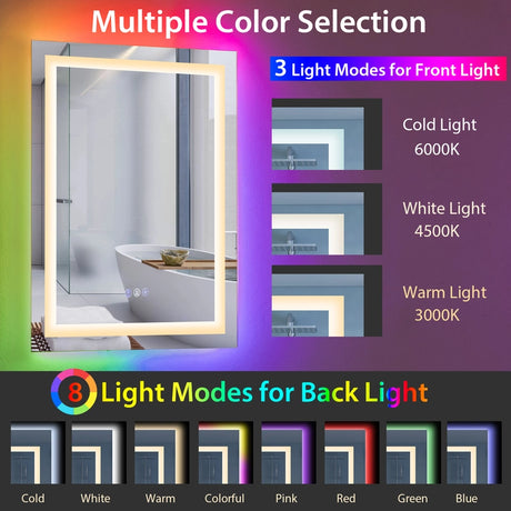 RGB Backlit Dimmable Vanity Makeup Mirror with 3-Color Front Lights
