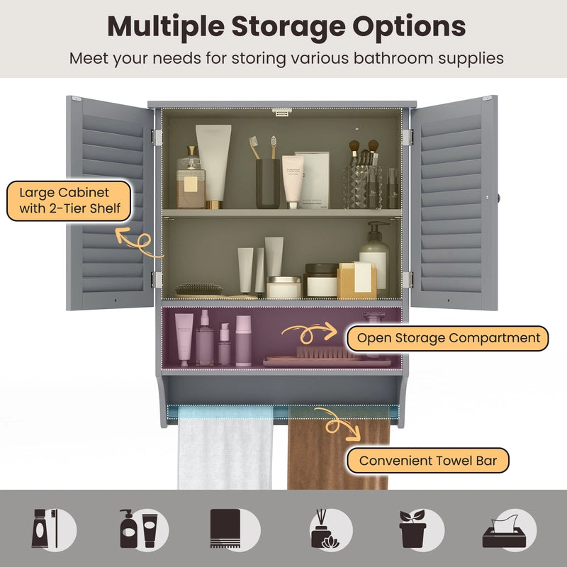 2-Doors Bathroom Wall-Mounted Medicine Cabinet with Towel Bar-Gray