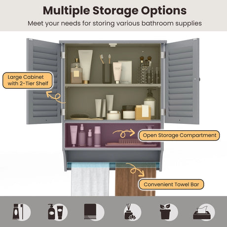 2-Doors Bathroom Wall-Mounted Medicine Cabinet with Towel Bar-Gray