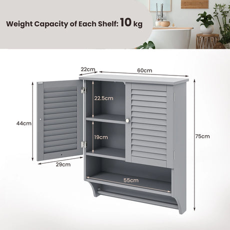 2-Doors Bathroom Wall-Mounted Medicine Cabinet with Towel Bar-Gray