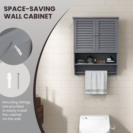 2-Doors Bathroom Wall-Mounted Medicine Cabinet with Towel Bar-Gray