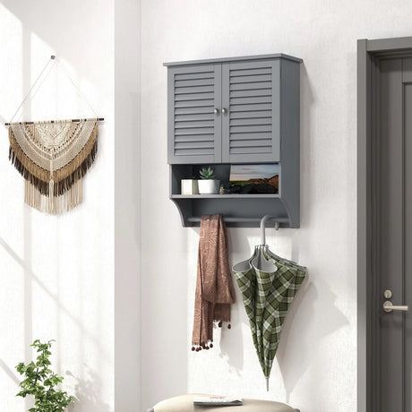 2-Doors Bathroom Wall-Mounted Medicine Cabinet with Towel Bar-Gray