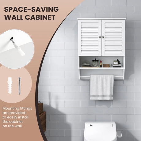 2-Doors Bathroom Wall-Mounted Medicine Cabinet with Towel Bar-White