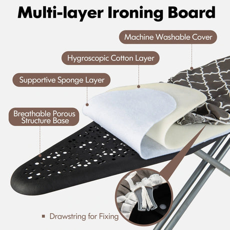 44 x 14 Inch Foldable Ironing Board with Iron Rest Extra Cotton Cover-Gray