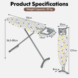 44 x 14 Inch Foldable Ironing Board with Iron Rest Extra Cotton Cover-White