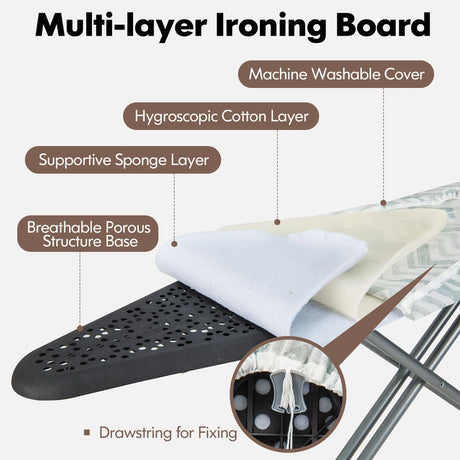 44 x 14 Inch Foldable Ironing Board with Iron Rest Extra Cotton Cover-White