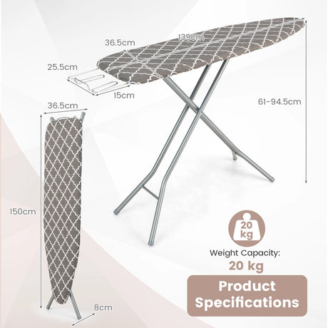 60 x 15 Inch Foldable Ironing Board with Iron Rest Extra Cotton Cover-Gray