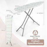 60 x 15 Inch Foldable Ironing Board with Iron Rest Extra Cotton Cover-White
