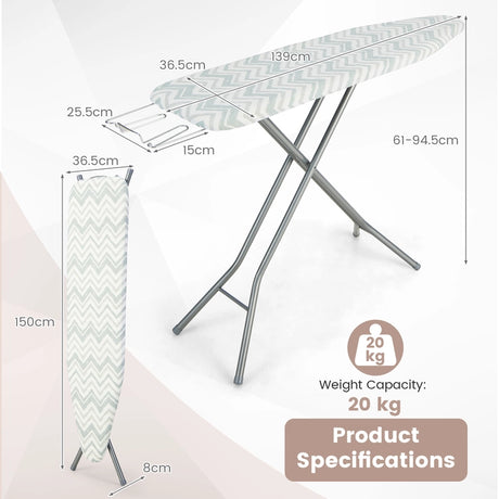 60 x 15 Inch Foldable Ironing Board with Iron Rest Extra Cotton Cover-White