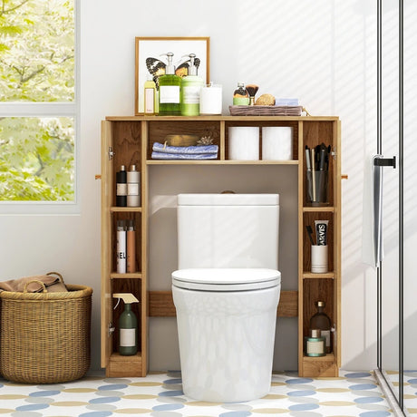 Over The Toilet Storage Cabinet with 2 Open Compartments 4 Adjustable Shelves-Natural