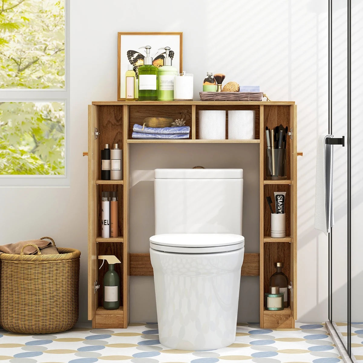 Over The Toilet Storage Cabinet with 2 Open Compartments 4 Adjustable Shelves-Natural