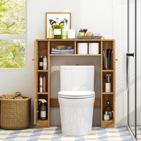 Over The Toilet Storage Cabinet with 2 Open Compartments 4 Adjustable Shelves-Natural