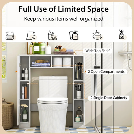 Over The Toilet Storage Cabinet with 2 Open Compartments 4 Adjustable Shelves-White