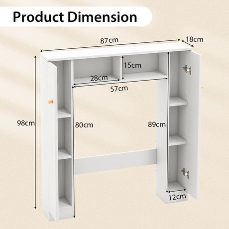 Over The Toilet Storage Cabinet with 2 Open Compartments 4 Adjustable Shelves-White