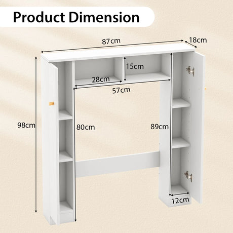 Over The Toilet Storage Cabinet with 2 Open Compartments 4 Adjustable Shelves-White