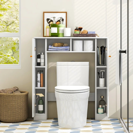 Over The Toilet Storage Cabinet with 2 Open Compartments 4 Adjustable Shelves-White