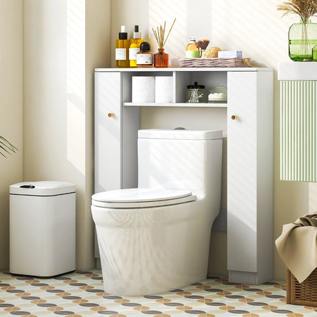 Over The Toilet Storage Cabinet with 2 Open Compartments 4 Adjustable Shelves-White
