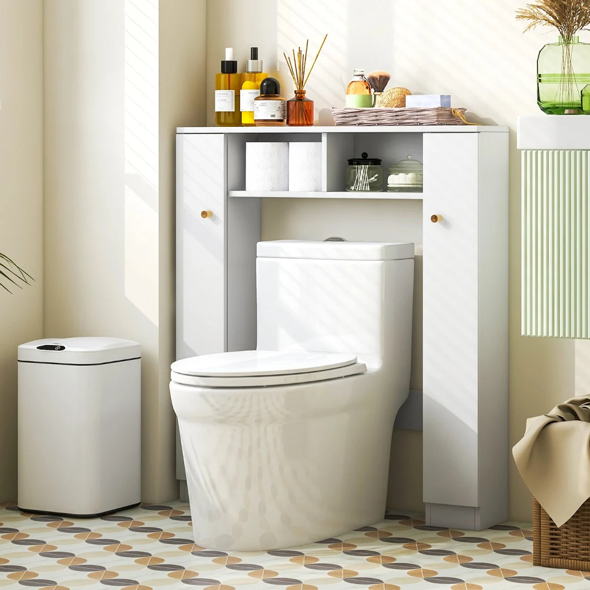 Over The Toilet Storage Cabinet with 2 Open Compartments 4 Adjustable Shelves-White