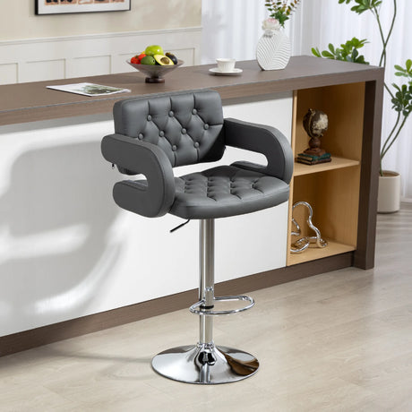 HOMCOM PU Leather Upholstered Swivel Bar Stool, Height Adjustable with Back, Armrest, Footrest, Grey