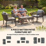 Outsunny 4 Piece Rattan Garden Furniture Set with Loveseat, Armchairs, Table, Steel Frame Wicker Patio Conversation Set, Grey