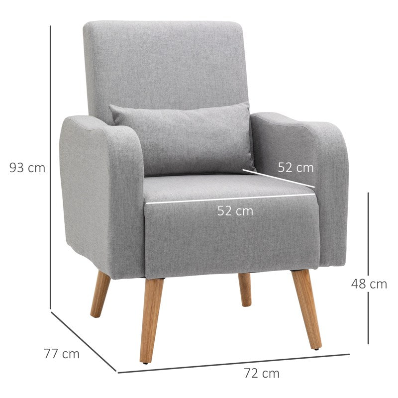HOMCOM Accent Chair, Linen-Touch Armchair with Pillow, Upholstered Leisure Lounge Sofa for Living Room, Club Chair with Rubber Wooden Frame, Grey