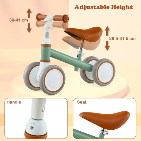 Baby Balance Bike with Height Adjustable Handle and Seat-Green