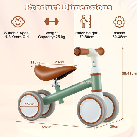 Baby Balance Bike with Height Adjustable Handle and Seat-Green