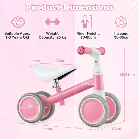 Baby Balance Bike with Height Adjustable Handle and Seat-Pink