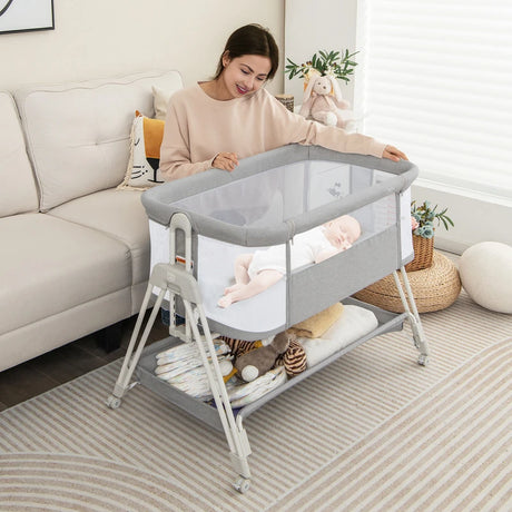 Baby Bedside Crib with Mattress for Birth to 9kg-Light Grey