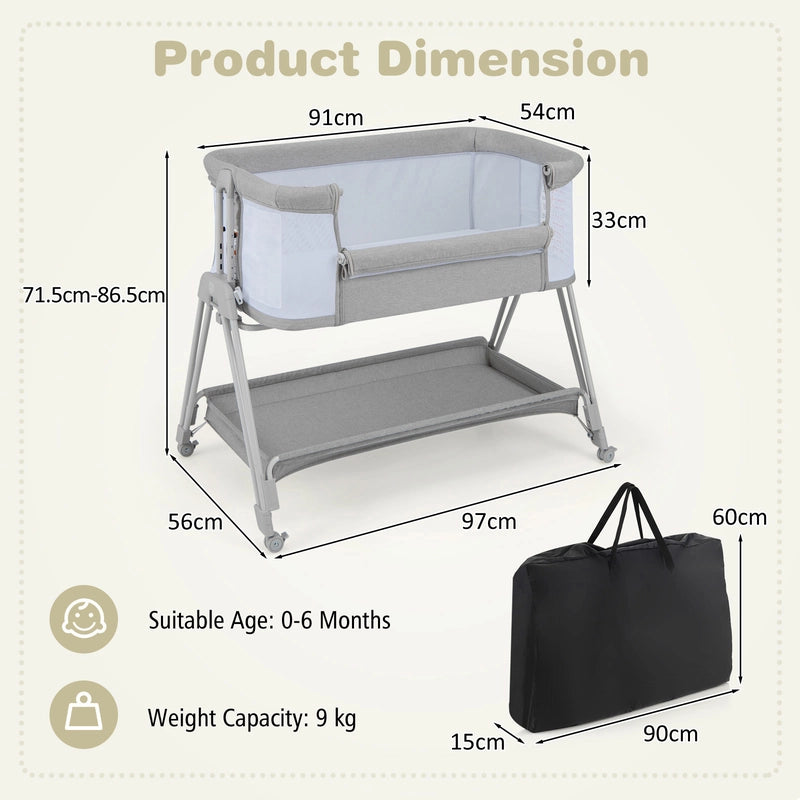 Baby Bedside Crib with Mattress for Birth to 9kg-Light Grey